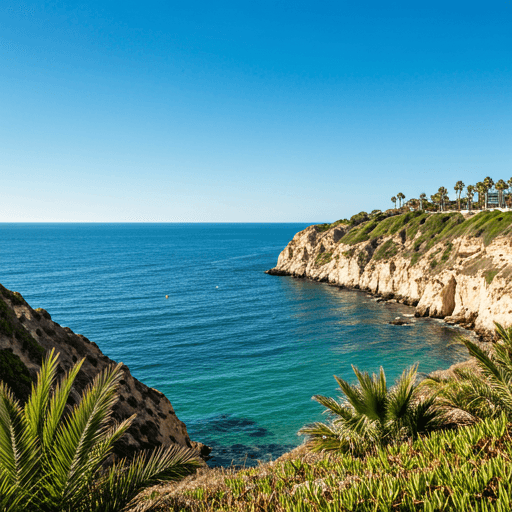Serene hidden beach cove with palm trees and blue water in Lagos