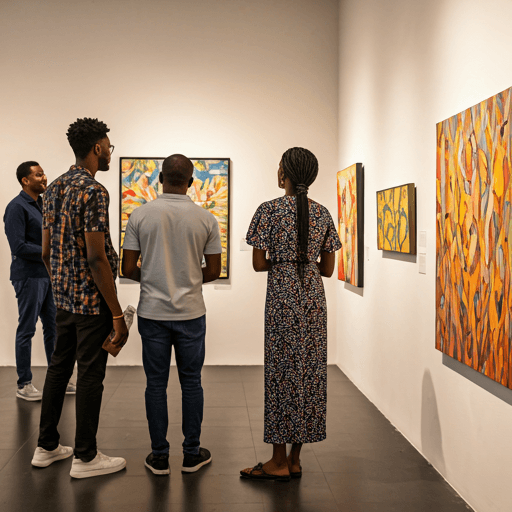 People admiring colorful paintings at Lekki Art Walk gallery